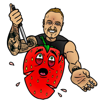 Strawberry Switchblade hot sauce by Lou's Brews features bright red chili peppers and fresh strawberries in a condiment bottle.