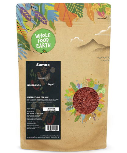 Whole Food Earth sumac spice in a 25kg bag, vibrant red ground seasoning used in Middle Eastern cuisine.