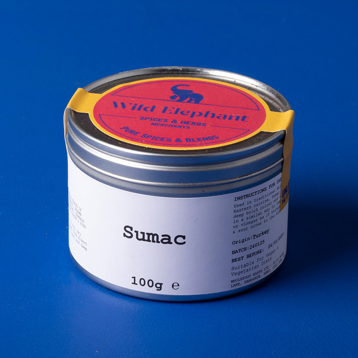 Wild Elephant Sumac herb and spice, 100g package showing vibrant red dried sumac berries from Whole Food Earth