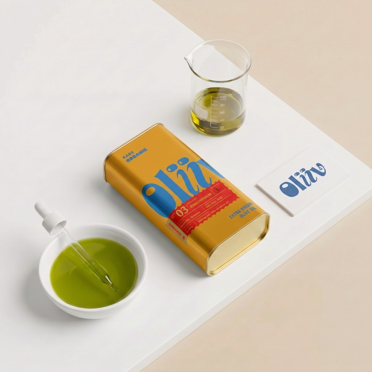 Isometric image of Oliiv High-Polyphenol Organic EVOO Summer '26 Greek olive oil 500ml bottle with green and gold label.