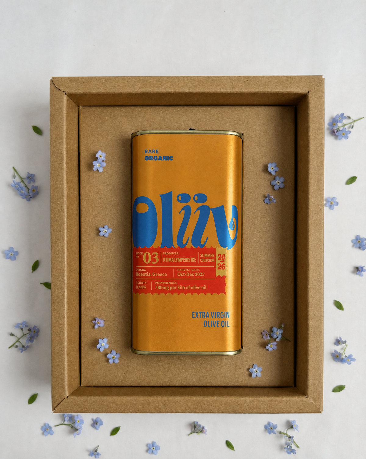 Box of Oliiv High-Polyphenol Organic Greek EVOO Summer 2026 with colorful flower design on packaging