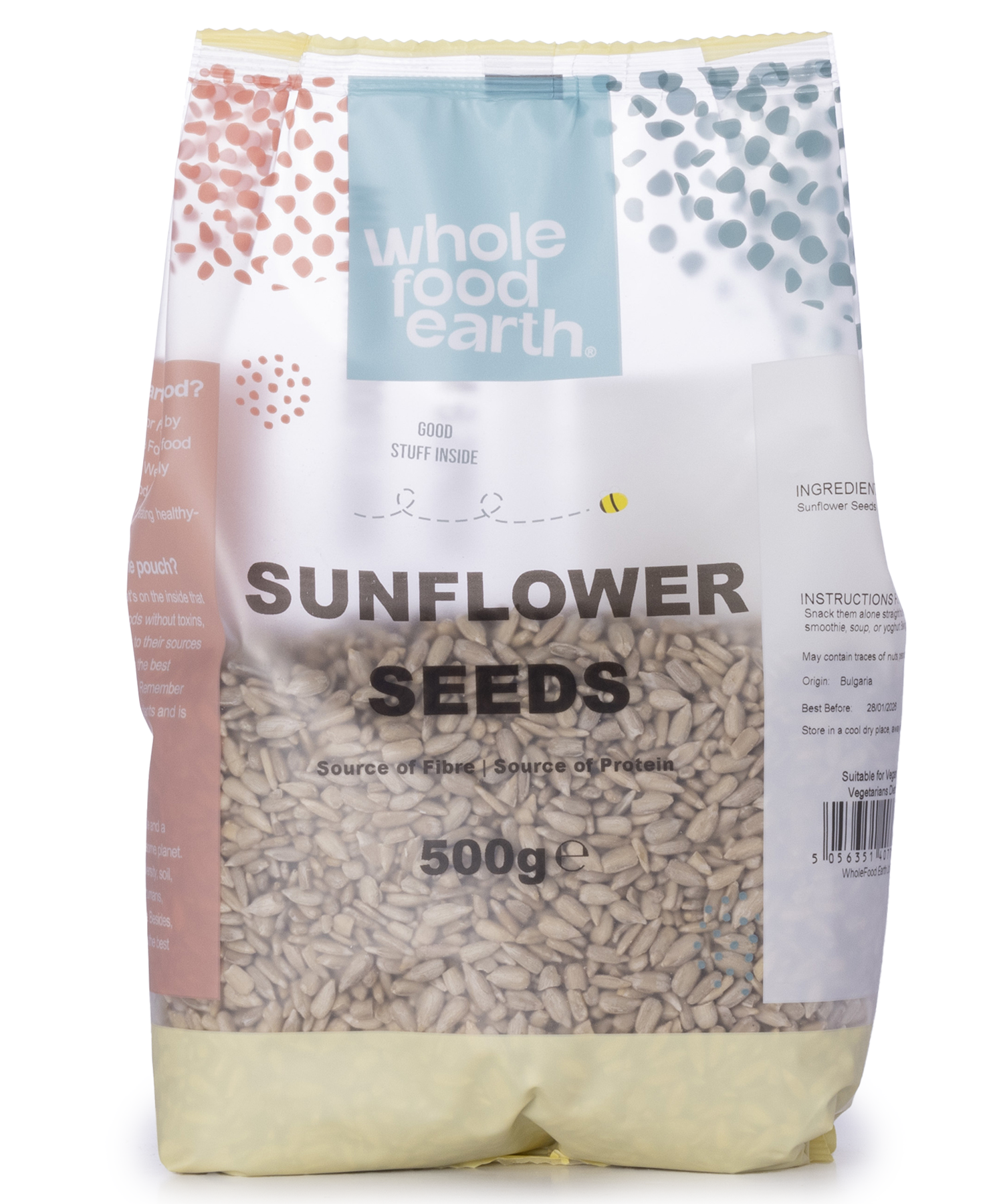 Whole Food Earth sunflower seeds in a 500g package, natural nuts and seeds snack with shelled sunflower seeds.