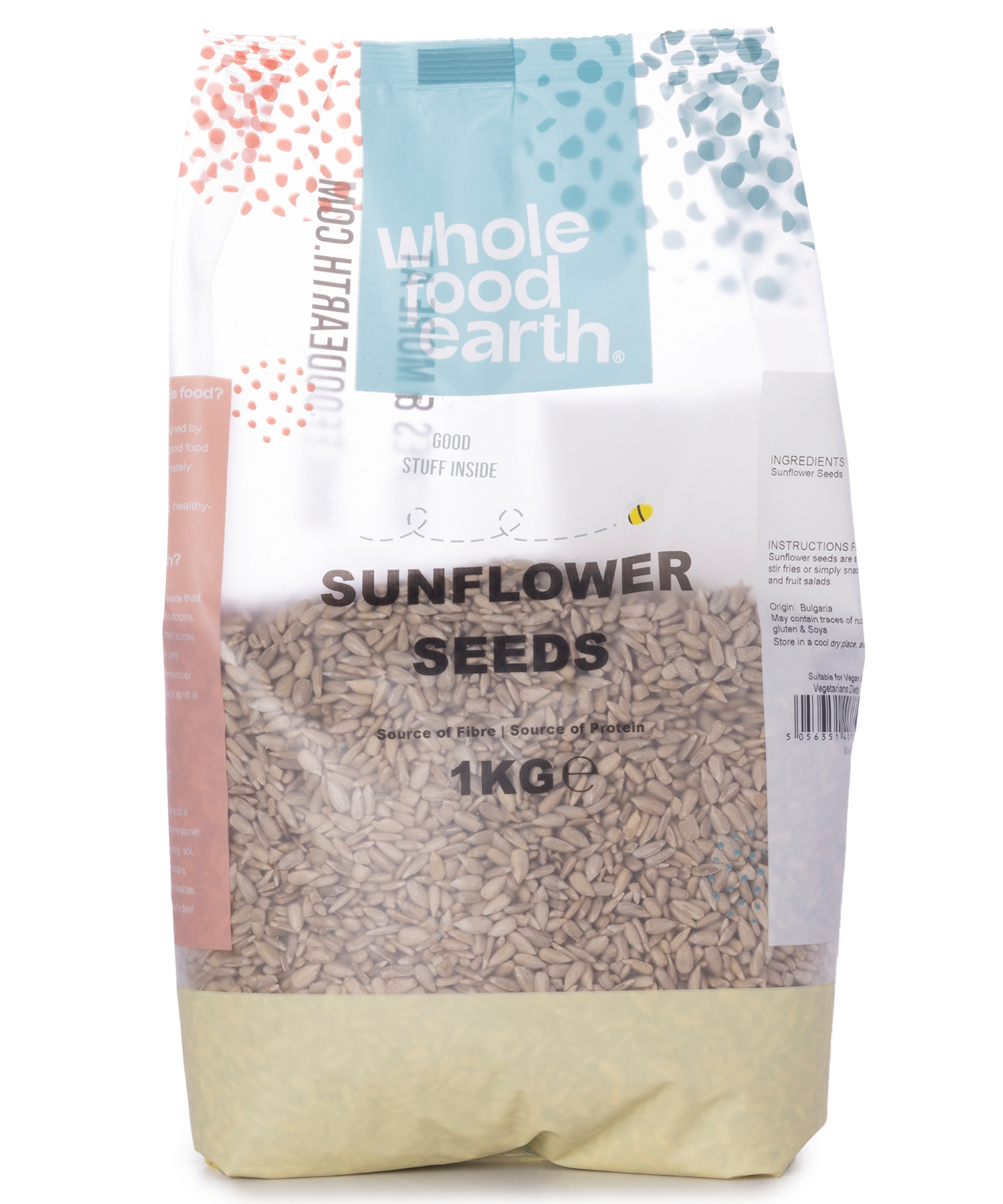 Whole Food Earth sunflower seeds, 1kg package, close-up of raw sunflower seeds in a bowl, nuts and seeds product.