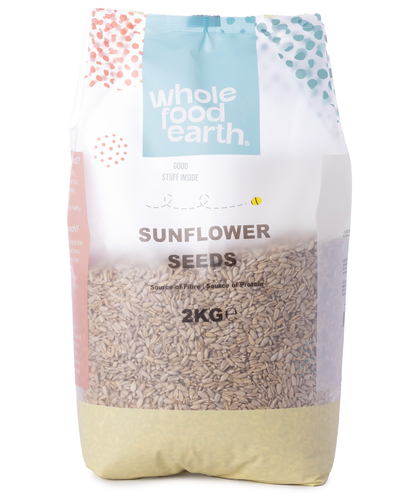 Whole Food Earth sunflower seeds in a 2kg bag, healthy nuts and seeds snack with vibrant sunflower seeds in a clear view.