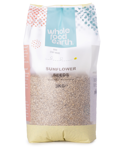 Whole Food Earth sunflower seeds, nuts and seeds product, showing a close-up of roasted sunflower seeds in a 3kg package.