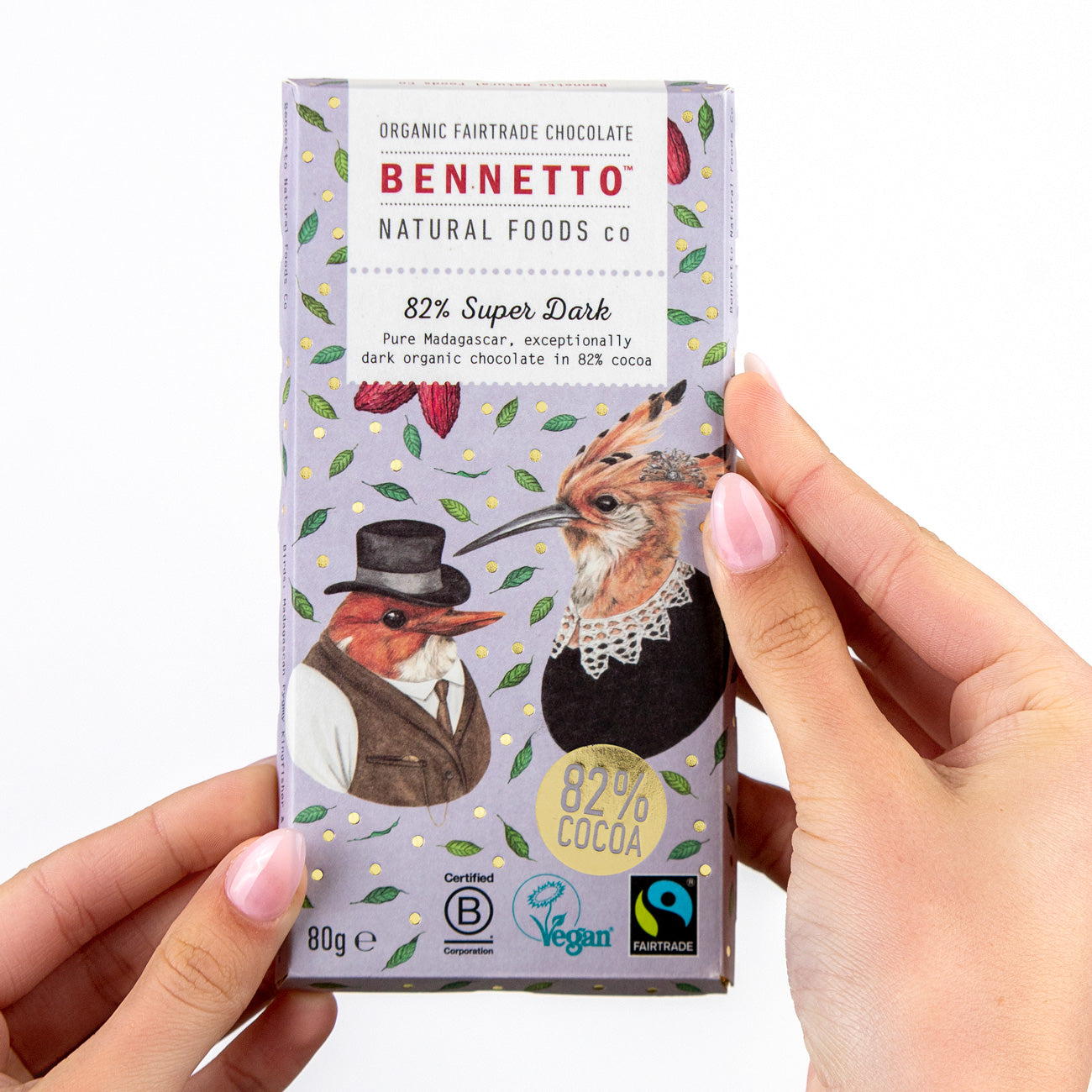 Bennetto Natural Foods UK 82% super dark chocolate bar with rich, smooth texture and deep cocoa color.