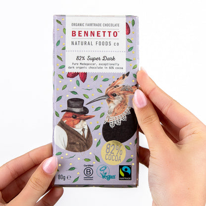 Bennetto Natural Foods UK 82% super dark chocolate bar with rich, smooth texture and deep cocoa color.