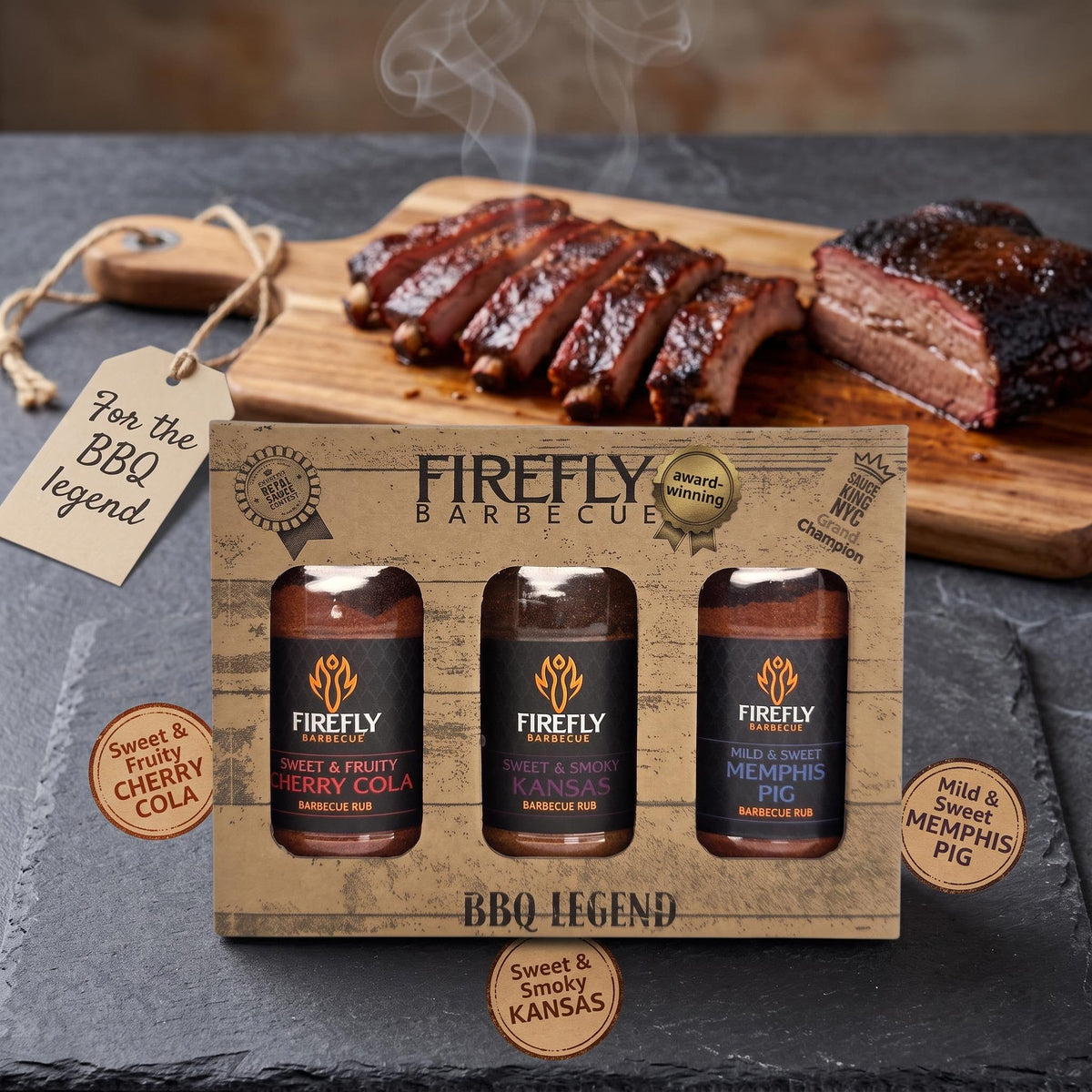 FireFly Barbecue Sweet BBQ Rubs Gift Pack featuring three flavorful sweet BBQ rubs in a gift box.
