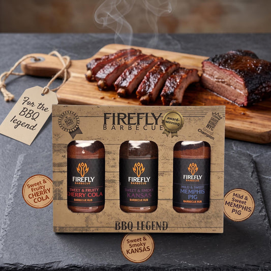 FireFly Barbecue Sweet BBQ Rubs Gift Pack featuring three flavorful sweet BBQ rubs in a gift box.