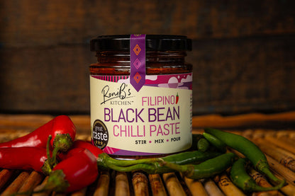RoniBs Kitchen Filipino Black Bean Chilli Paste hot sauce in a jar, featuring a dark red chili and black bean blend with fresh ingredients