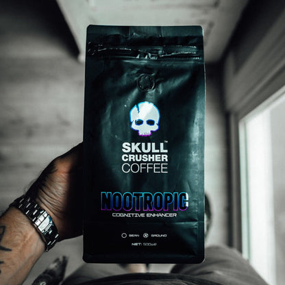 Skull Crusher Nootropic Coffee bag featuring bold skull logo and branding, ready for brewing energetic coffee.