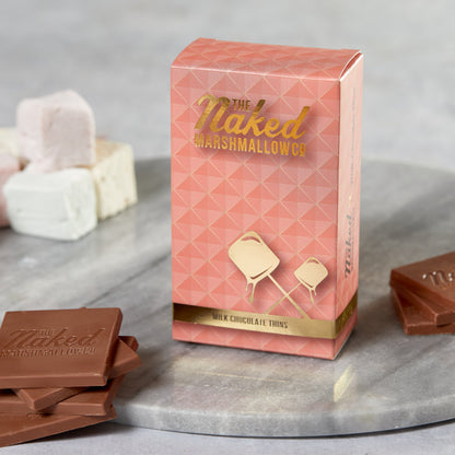 Milk Chocolate Thins by THE MARSHMALLOW FACTORY, close-up of crispy chocolate-coated marshmallow treats.
