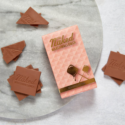 Naked marshmallow chocolate thins by THE MARSHMALLOW FACTORY, showcasing thin milk chocolate coating over fluffy marshmallow pieces