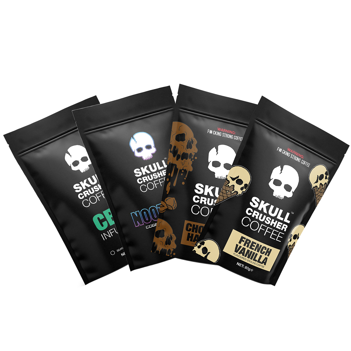 Skull Crusher Coffee Trial Bag Bundle featuring assorted coffee samples in small resealable bags.