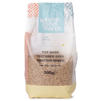 Dark textured soya protein mince from Whole Food Earth, soy-based plant protein for vegetarian and vegan dishes.