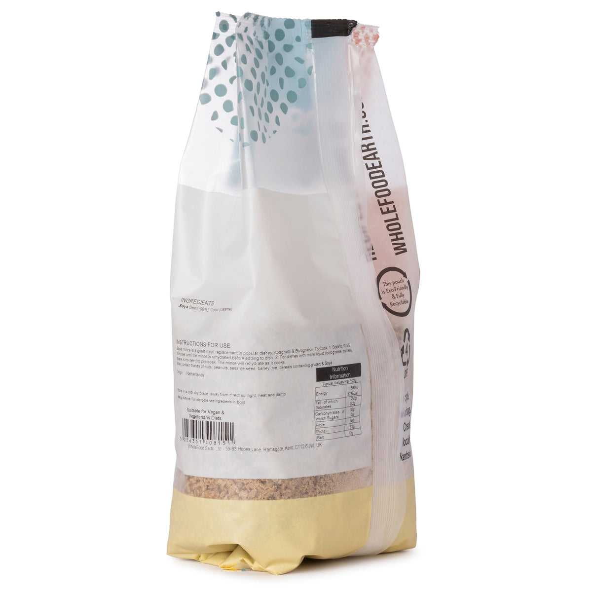 Dark textured soya protein mince from Whole Food Earth, packaged in a 500g bag, used as plant-based protein in cooking.