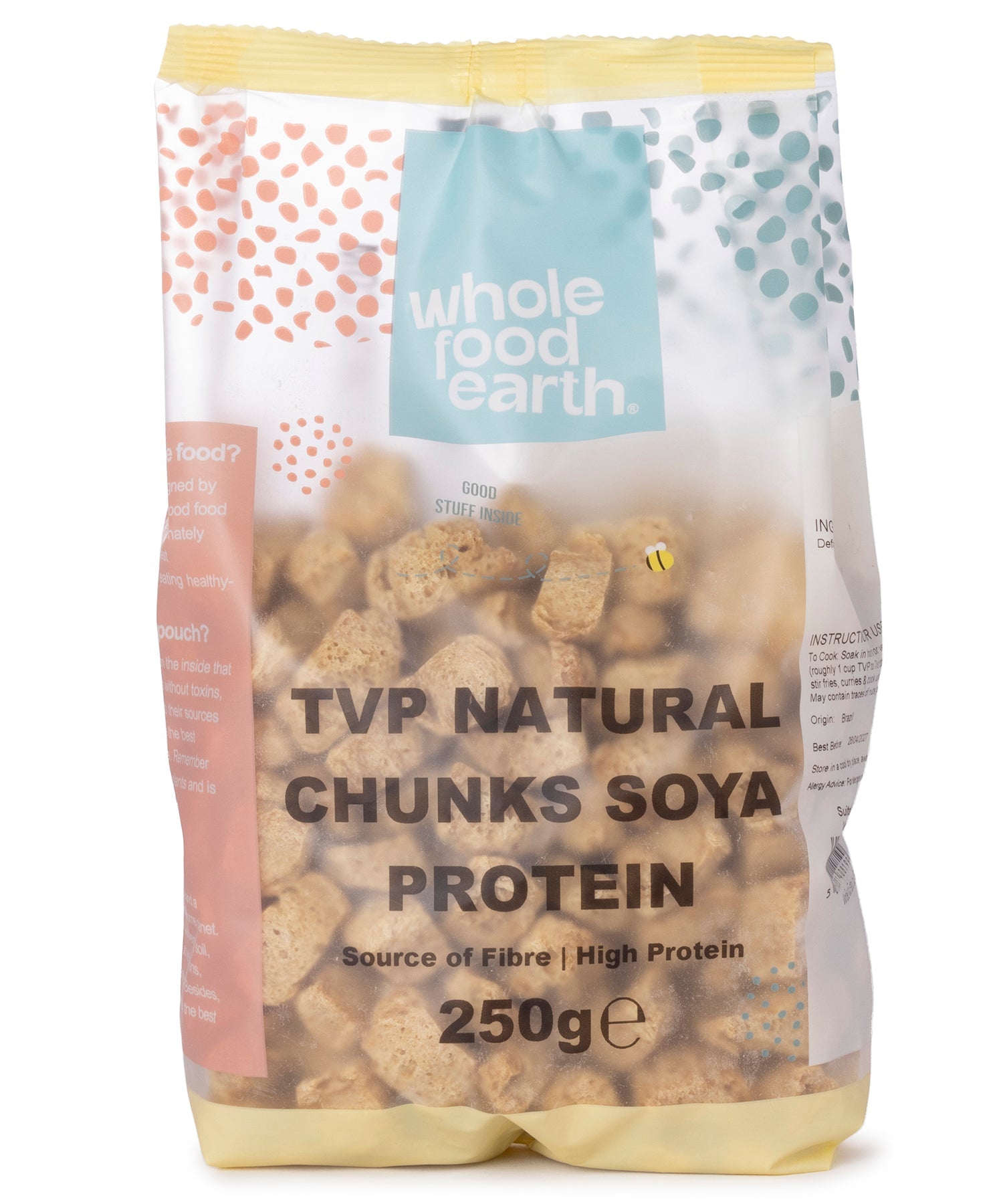 Whole Food Earth TVP Natural Chunks Soya Protein in 250g package, showing textured soy protein pieces in a clear container