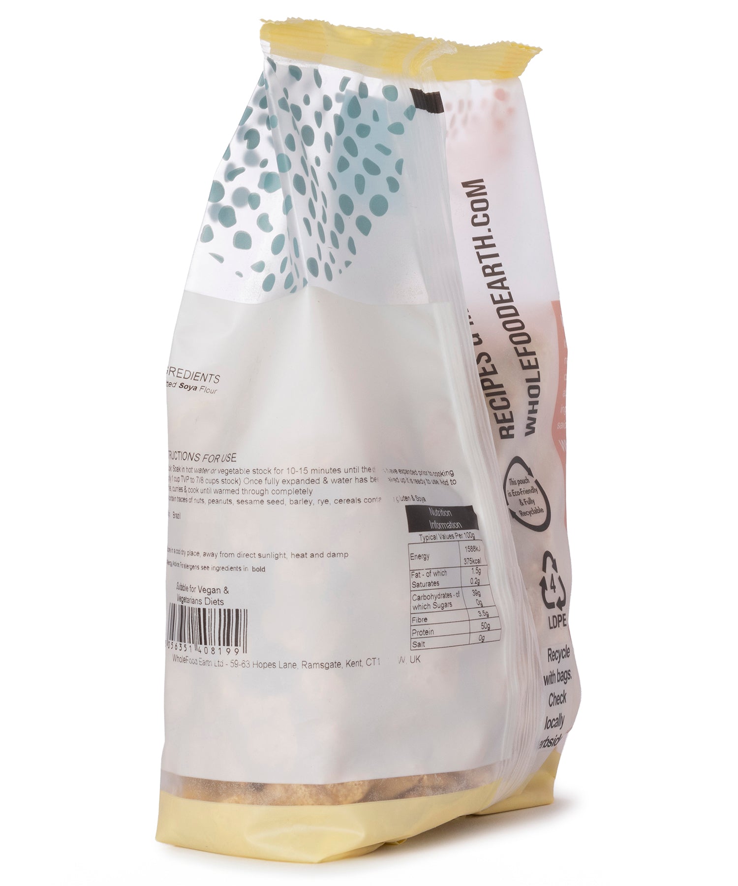 Whole Food Earth TVP natural soy protein chunks in 250g package, soybeans and pulses product for plant-based cooking.