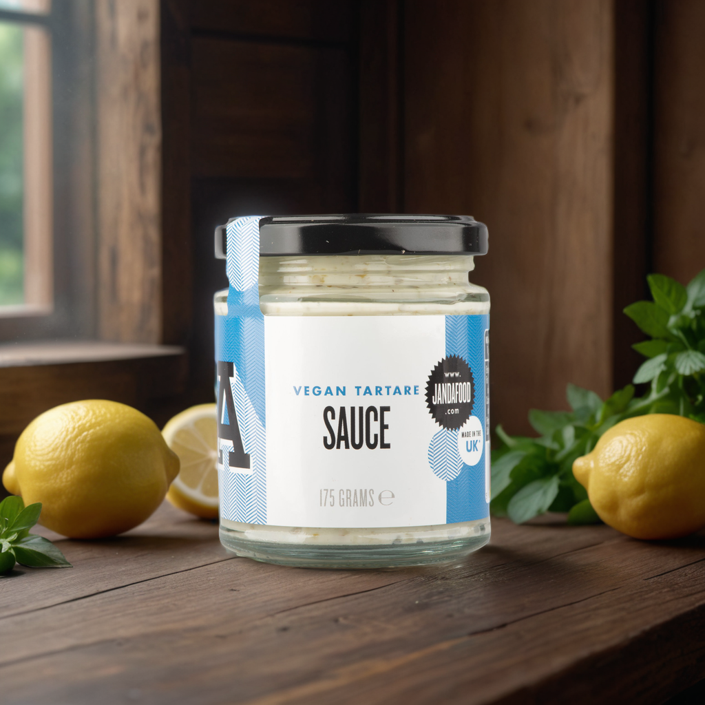 Jar of Janda vegan tartare sauce with a creamy texture and fresh herbs, ideal for seafood dishes and dipping.