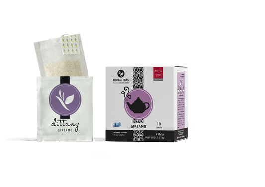 Cretan Dittany tea bags by The Greek Deli Club, showing 10 tea bags in packaging, traditional herbal tea for soothing infusions.