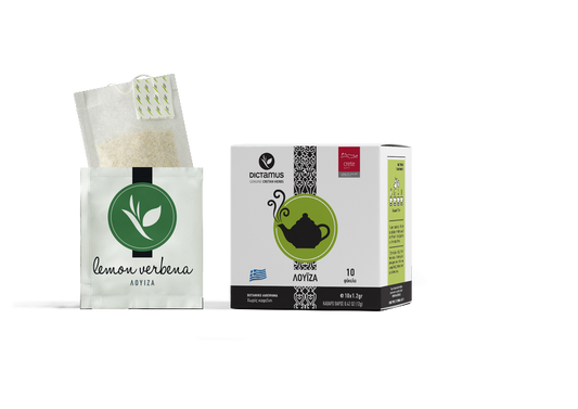 Greek Louisa Lemon Verbena tea bags by The Greek Deli Club, featuring 10 individually wrapped herbal tea bags in a box.