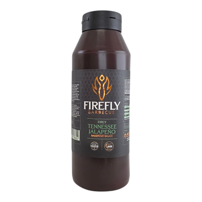 Bottle of FireFly Barbecue Tennessee Jalapeno BBQ Sauce with a label featuring jalapenos and smoky sauce details.
