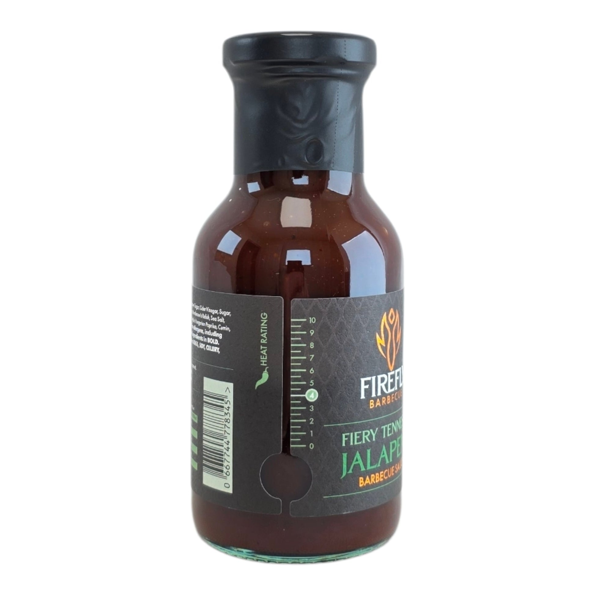 Bottle of FireFly Barbecue Tennessee Jalapeño BBQ Sauce with a label showing jalapeños and smoky flavor details.