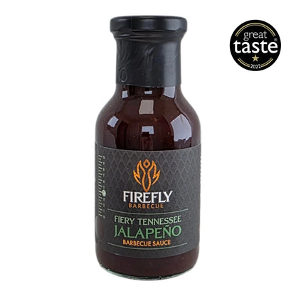 FireFly Barbecue Tennessee Jalapeño BBQ Sauce in a bottle, showcasing the spicy, tangy sauce with a vibrant label.