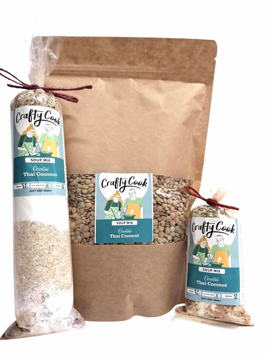 Thai coconut soup mix by Crafty Cook, gluten-free and vegan, featuring a package of flavorful Thai coconut soup seasoning.