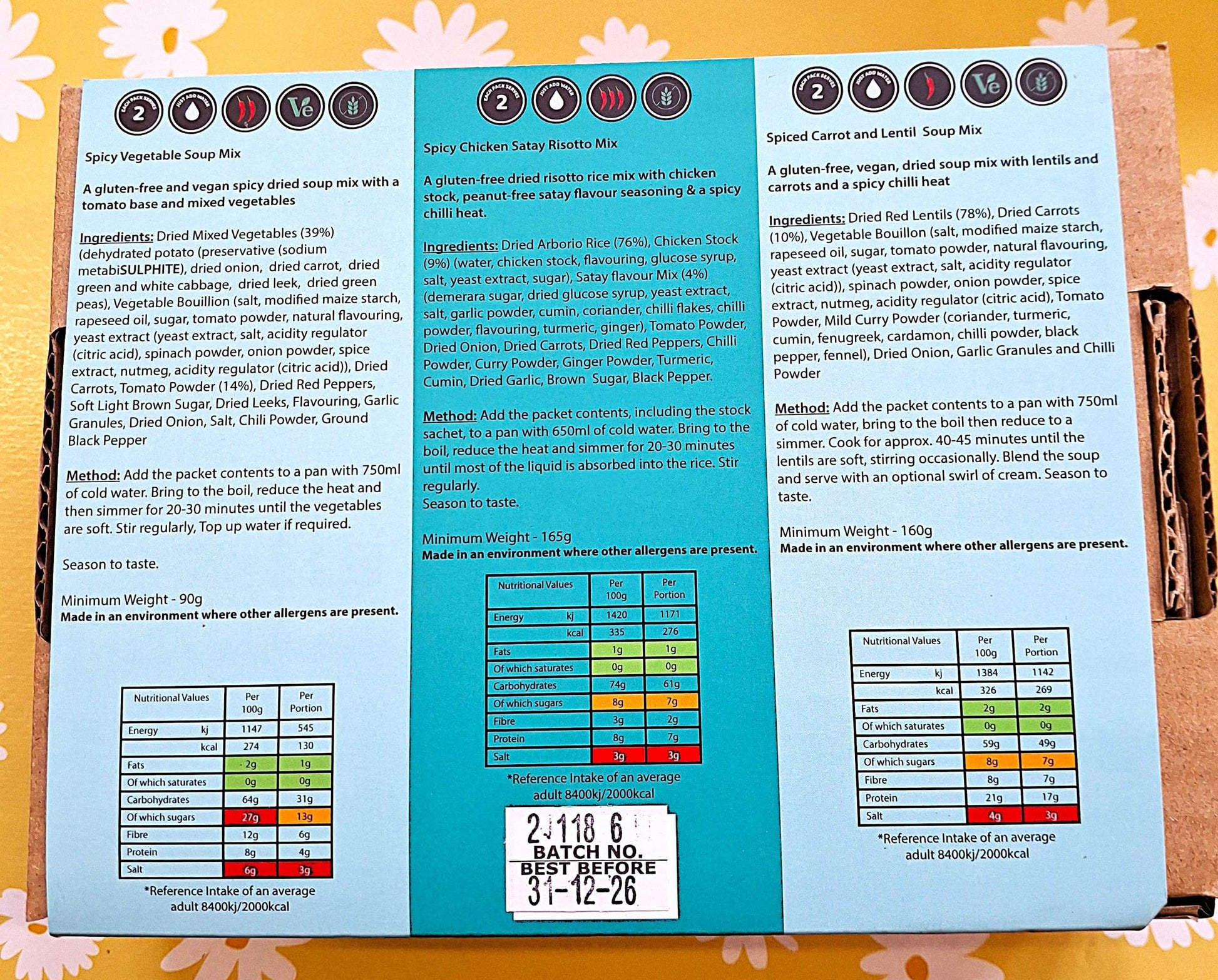 The Spicy One, 3 packs, 6 meals, one box, just add water. Crafty Cook easy fuss free meals