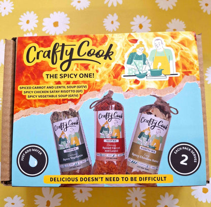 The Spicy One, 3 packs, 6 meals, one box, just add water. Crafty Cook easy fuss free meals