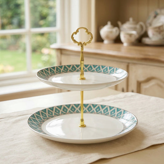 Elegant Edwardian Bone China Cake Stand by KitchBoom, featuring a detailed floral pattern and classic tiered design.