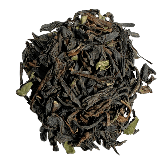 Loose leaf black tea called The Clocktower All Day Blend by Porter Hill Tea Company, shown in a clear image of tea leaves.