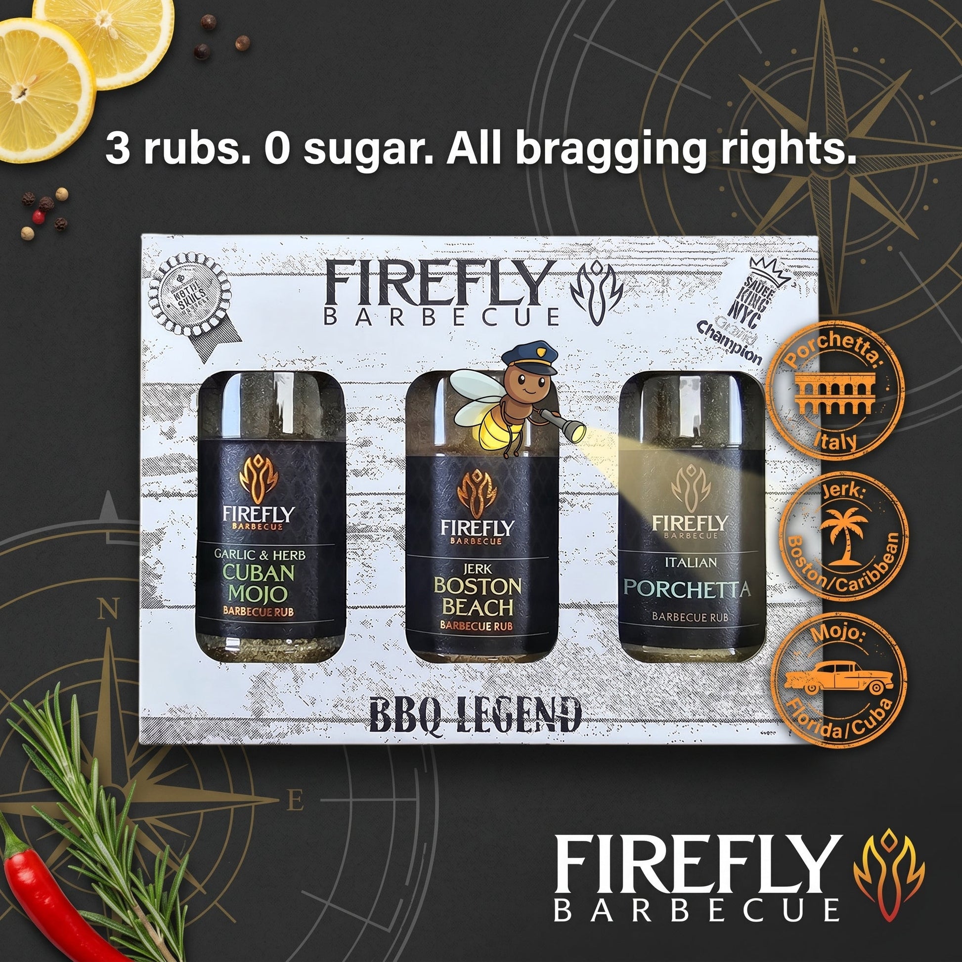 FireFly Barbecue's BBQ Legend 3 Herby BBQ Rubs Gift Pack with vibrant spices and herbs, perfect for flavorful grilling.
