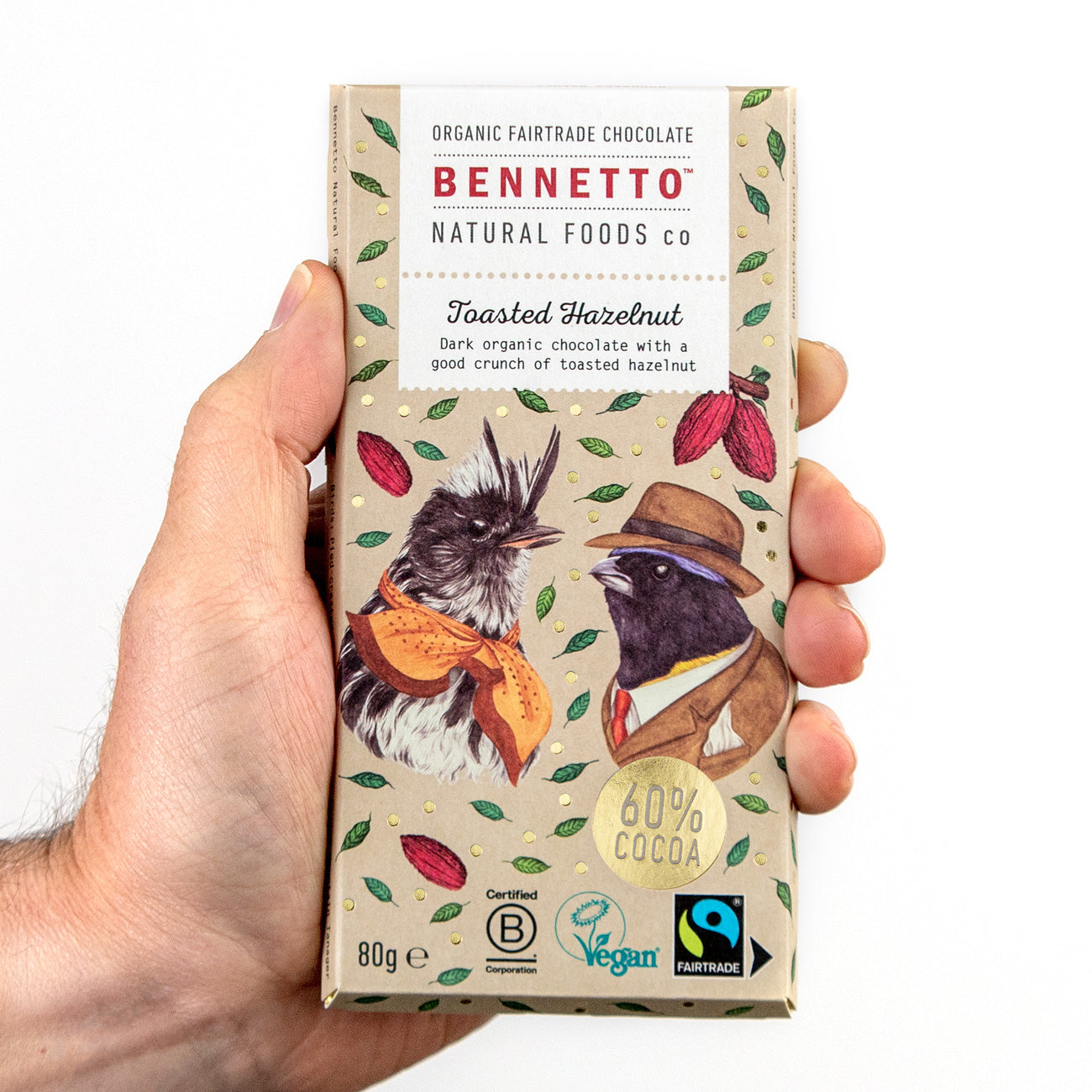 Bennetto Natural Foods UK toasted hazelnut chocolate bar with visible toasted hazelnuts and smooth chocolate surface.