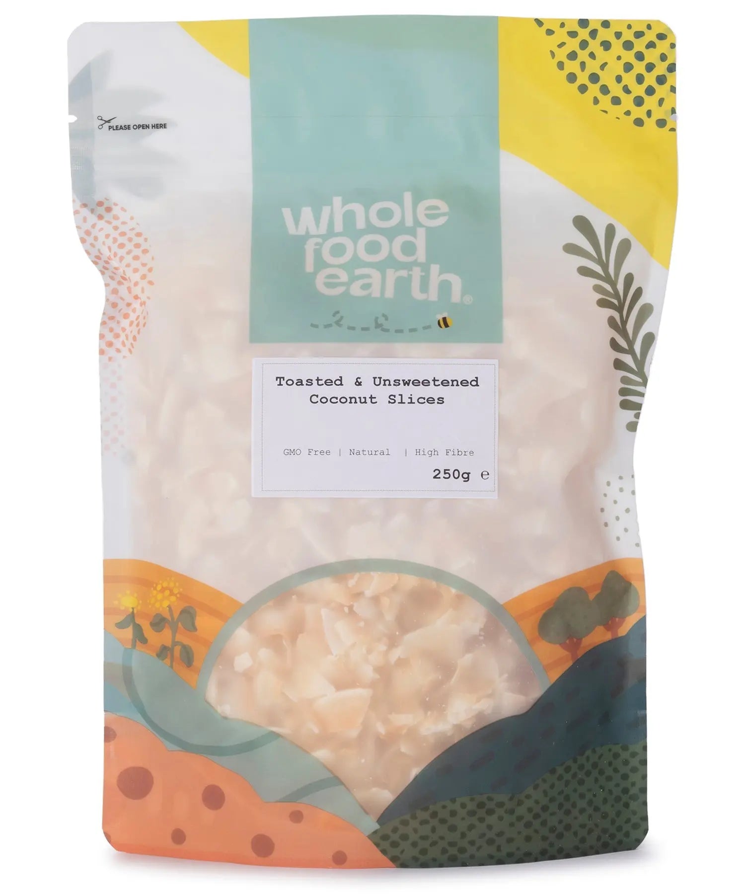 Toasted and unsweetened coconut slices from Whole Food Earth, showing golden, sliced coconut pieces on a neutral background.