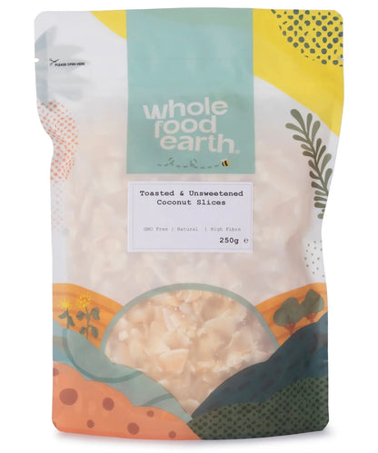 Toasted and unsweetened coconut slices from Whole Food Earth, showing golden, sliced coconut pieces on a neutral background.