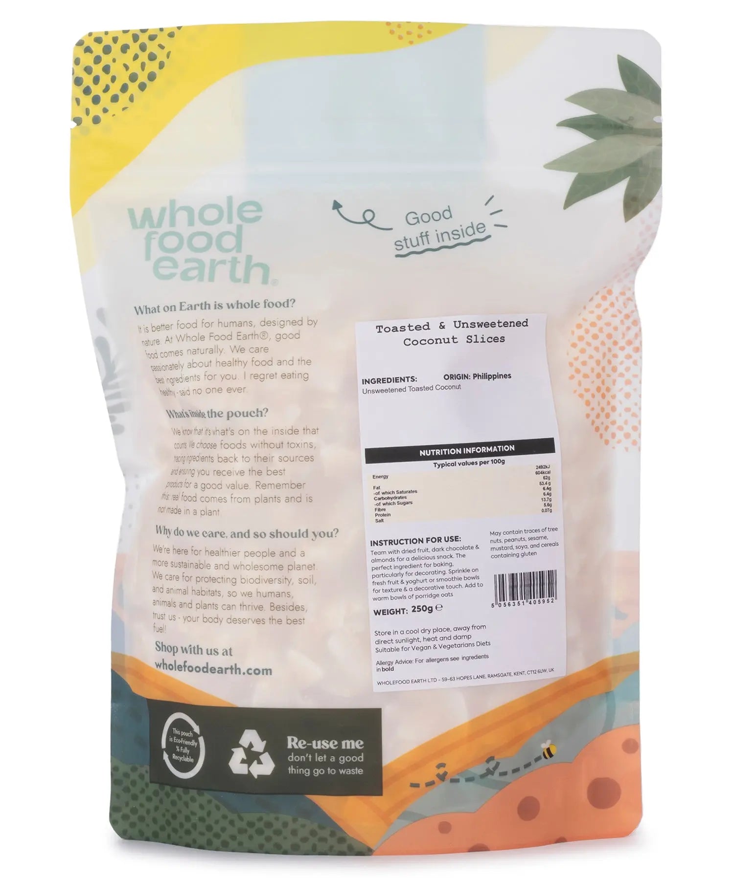 Whole Food Earth toasted and unsweetened coconut slices, nut and seed product, showing golden toasted coconut pieces in a close-up image.