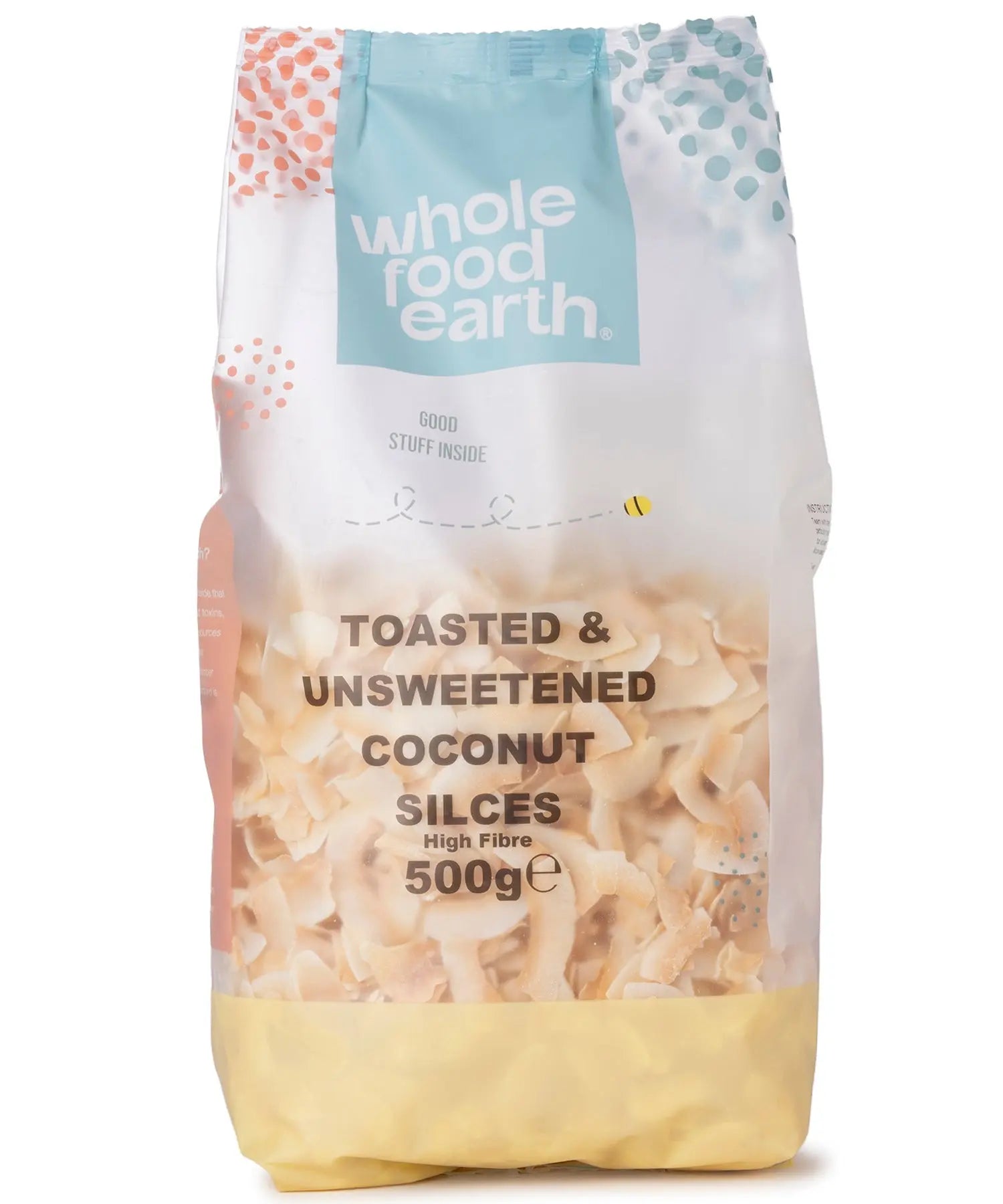 Toasteda and unsweetened coconut slices from Whole Food Earth, showing golden toasted coconut pieces for snacks or cooking.