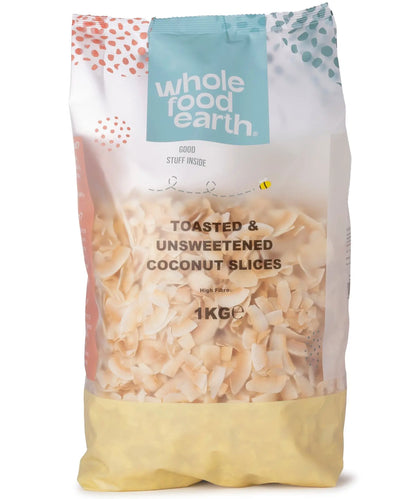 Whole Food Earth toasted and unsweetened coconut slices, nut and seed product, showing golden coconut pieces in 1kg package