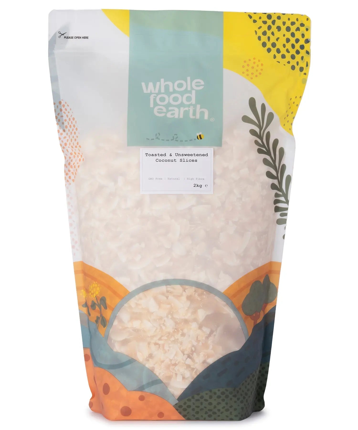Toasted and unsweetened coconut slices from Whole Food Earth, showing golden, shredded coconut pieces in a 2kg bag.