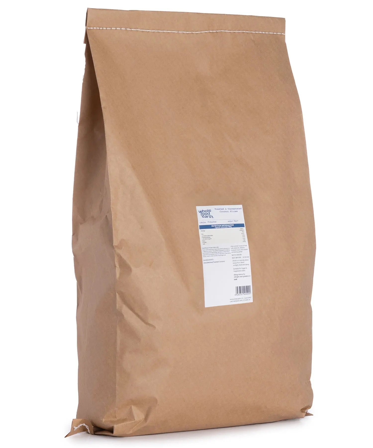 Whole Food Earth toasted and unsweetened coconut slices in a 3kg bag, showing golden, sliced coconut pieces for baking or snacking.