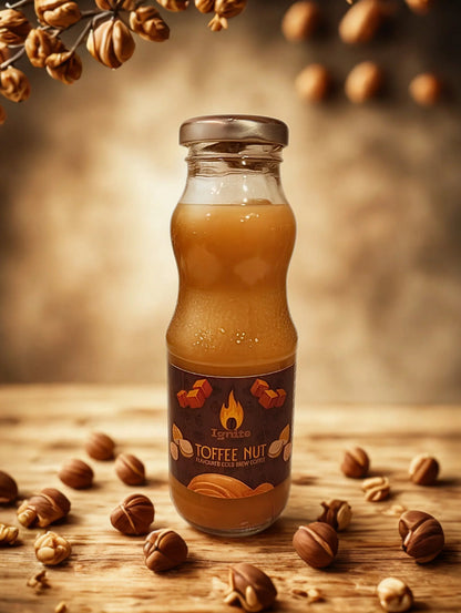 Cold brew pack featuring Ignite Coffee Co's Toffee Nut flavored cold brew in a glass, showcasing rich coffee with toffee nut flavor.