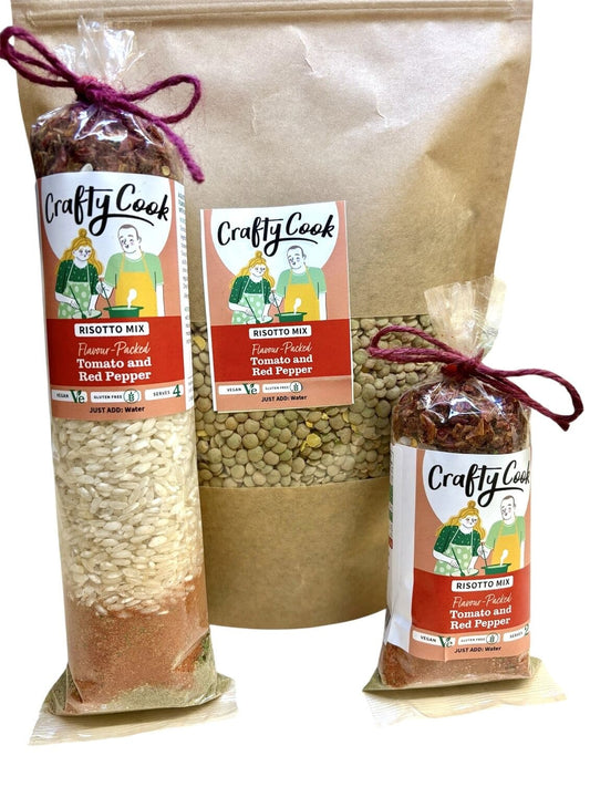 Creamy tomato and red pepper risotto mix by Crafty Cook, featuring vibrant red peppers and rich tomato flavor in a gluten-free vegan blend.