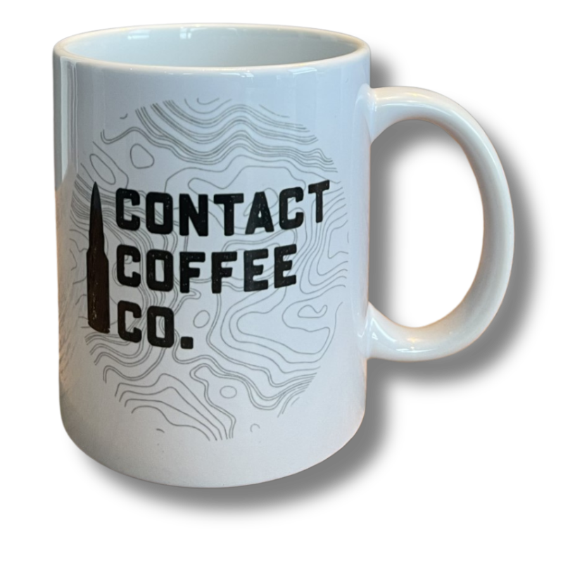 Contact Coffee Company Ltd. topographic gear mug with detailed topographic map design on ceramic mug.