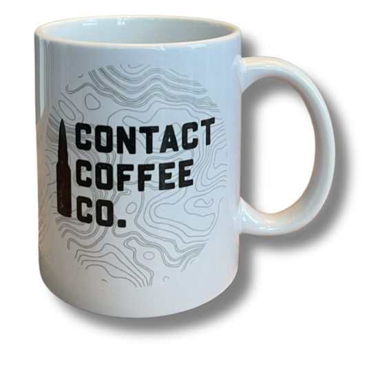Contact Coffee Company Ltd. topographic gear mug with detailed topographic map design on ceramic mug.