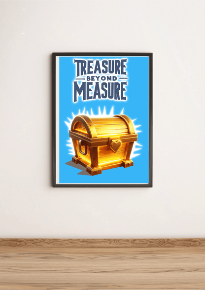 KEOLIX treasure chest art print featuring a detailed illustration of a vintage treasure chest with gold coins and gems.