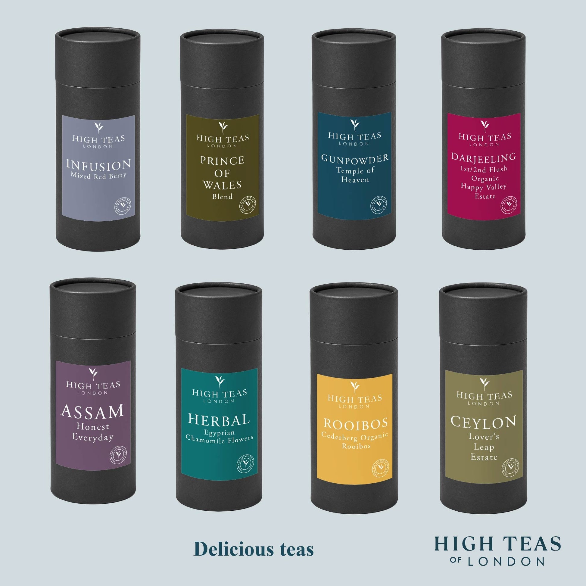 High Teas Yunnan Imperial "Gold Tip" Shanghai Breakfast loose leaf tea in tubes, showcasing golden tips and dark tea leaves.