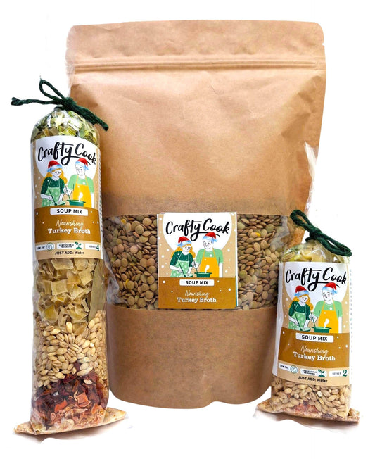 Crafty Cook Christmas turkey broth soup mix package with a bowl of prepared soup featuring turkey broth, vegetables, and herbs.