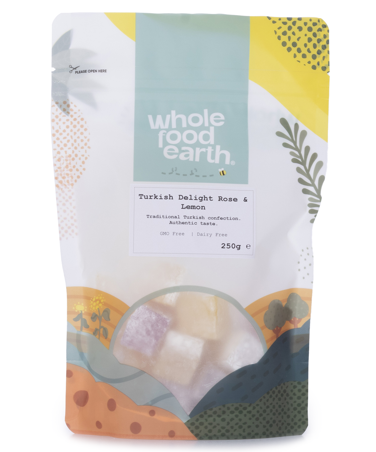 Turkish Delight with rose and lemon flavor by Whole Food Earth, showing colorful, glazed confection pieces in a close-up image.